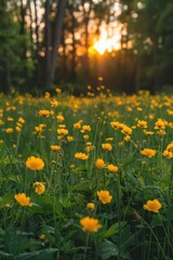 Obraz premium Field Of Flowers. Yellow Blooms in Lush Field During Sunset