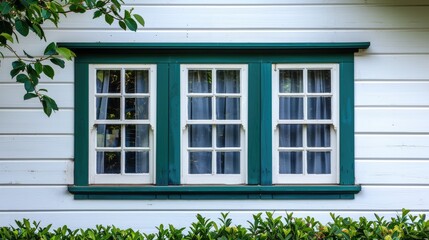 Windows House. New Vinyl Replacement Windows in White with Green Trim for Horizontal Architecture