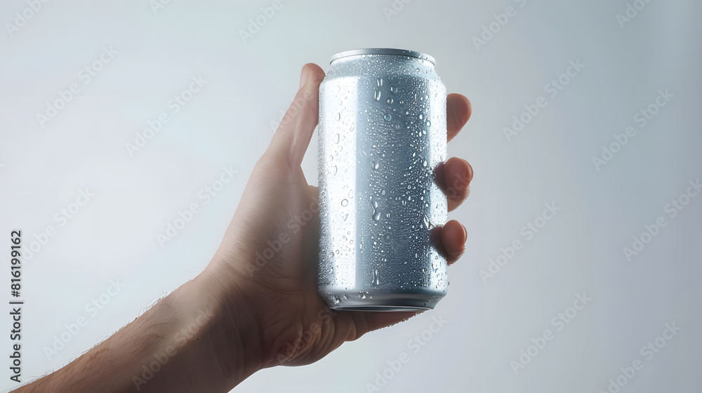 Poster closeup of hand holding empty aluminum can with condensation isolated on white background front view