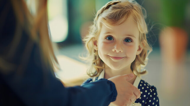 Girl mimicking father learning how to give firm handhsake Friendly pretty little female kid with blond hair pulling hand towards camera to greet someone smiling dreaming to become busi : Generative AI