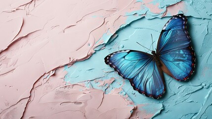   A blue butterfly perches on a painted wall with peeling paint