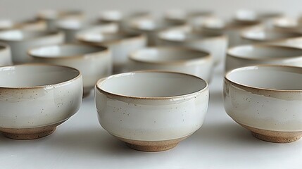   A cluster of white bowls nestled atop a pristine table