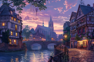 Enchanting Visual Guide to a Picturesque Riverside European Cityscape at Twilight