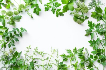 Fototapeta premium Herbs Background. Frame of Fresh Herbs and Chervil Leaves with Copy Space on Natural White