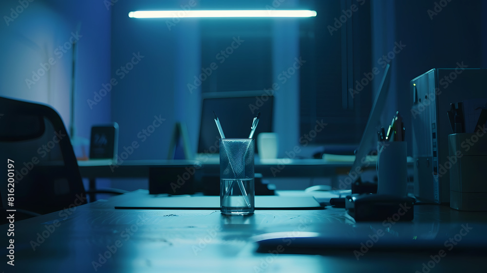 Aufkleber Desk workspace  Business Objects in the office on black table background : Generative AI