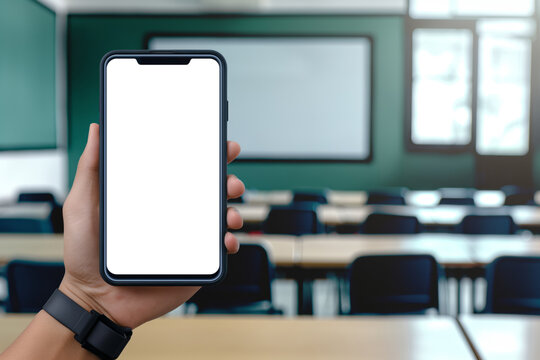 Smartphone with empty screen held in a classroom