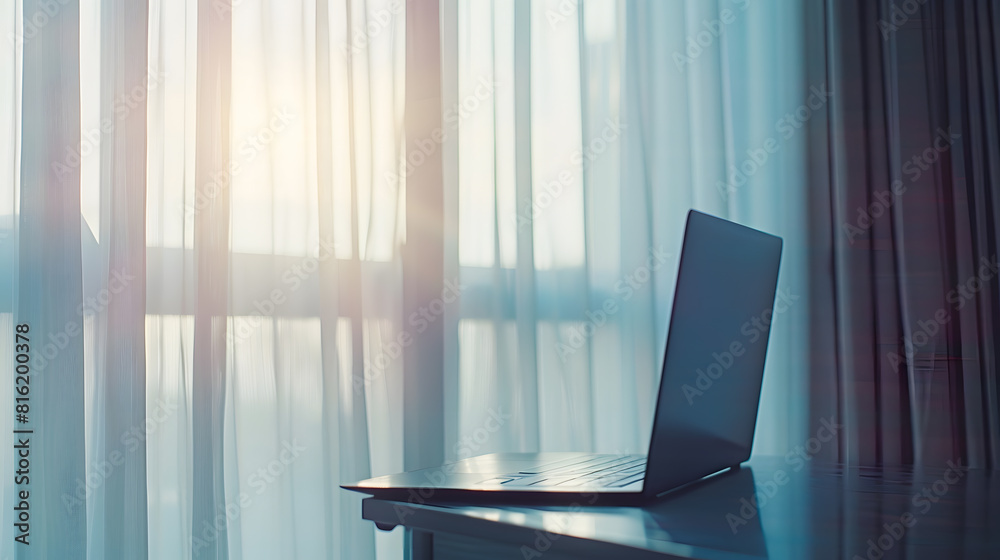 Fototapete Open laptop on table against window on white curtains background Workplace and home office Selective focus and shallow depth : Generative AI