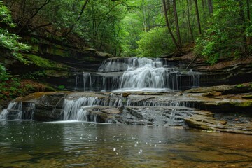 Fototapeta premium Green Waterfall in Forest: A Cascading Waterfall in Lush Nature Landscape