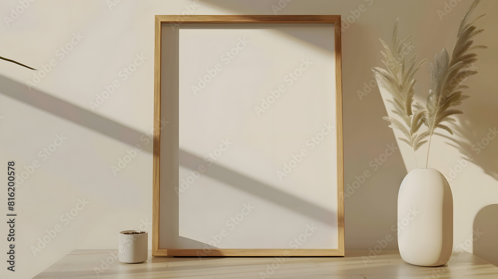 Poster Interior poster mock up with horizontal empty wooden frameScandinavian style3d rendering : Generative AI