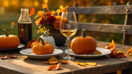 Glasses of wine, autumn leaves on the table in nature, pumpkins creativity
