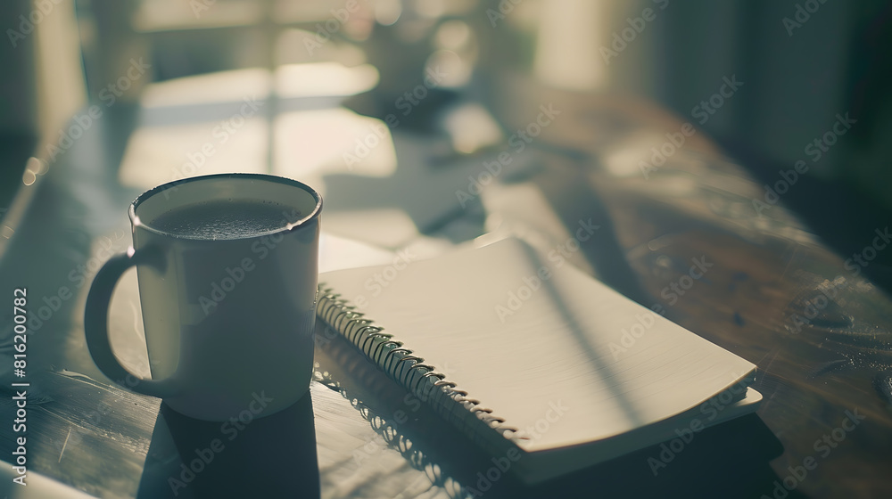 Aufkleber blank notepad with hot coffee on office table : generative ai
