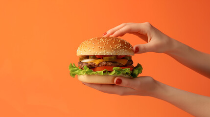 Mão de uma mulher segurando um hambúrguer saboroso em fundo de cor laranja
