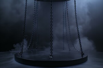 Eerie image of an empty swing with chains in a foggy, nocturnal setting