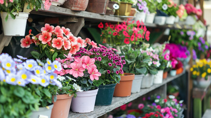 Vasos de flores coloridas em uma loja de plantas ao ar livre 