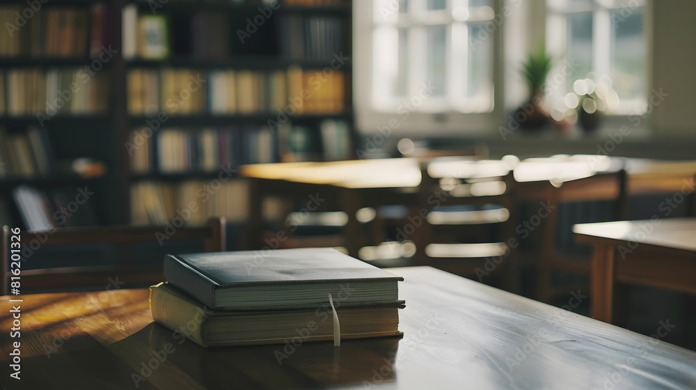 Poster cropped shot of wooden table with books stationery and copy space in blurred study roomempty classro
