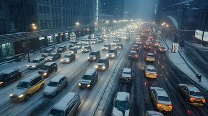 Estradas da cidade de inverno. Muitos carros ficam presos no trânsito da cidade devido à forte neve e às difíceis condições climáticas