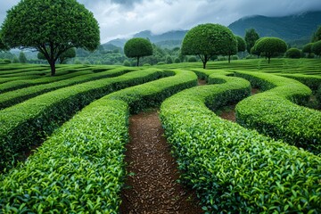 Tea Tree Plantation: Rows of neatly trimmed bushes in a tea plantation. 
