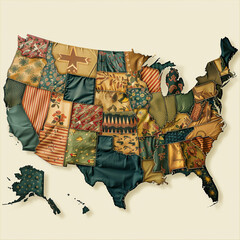 A map of the United States represented as a patchwork quilt where each state is a different fabric pattern, stitched together in the style of a rustic american blanket isolated denim background
