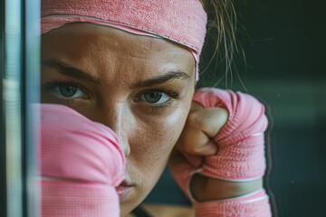 Focused Determination: Close-Up of Woman with Pink Boxing Wraps in Gym Mirror