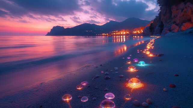 Transparent glowing colorful pebbles, Beach covered with fluorescent pebbles under the night sky
