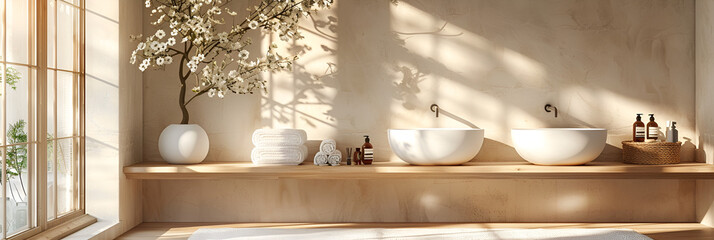 Minimalistic Bathroom Accessories with Natural Light,
Modern Minimal Bathroom Depicting A Rustic Wallpaper