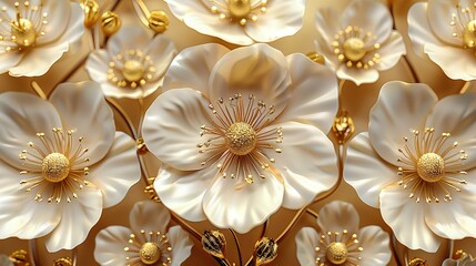 Naklejka premium A cluster of pure white blooms adorns a golden backdrop, featuring a central golden circle encircled by smaller white blossoms