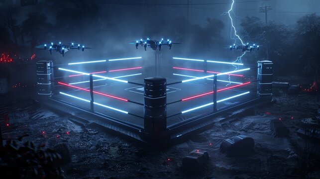 Futuristic Nighttime Boxing Ring Illuminated by Drones for Live Streaming
