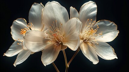  Two white flowers with yellow stamens on a black background with a light reflection in the center