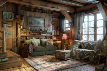 Comfortable living space in a rustic cabin featuring a plush sofa, warm blankets, and charming decor