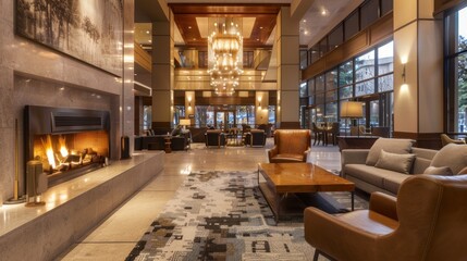 hotel lobby interior with fireplace