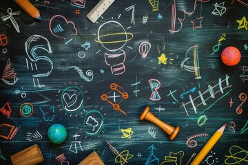 Colorful classroom chalkboard with educational sketches and school items