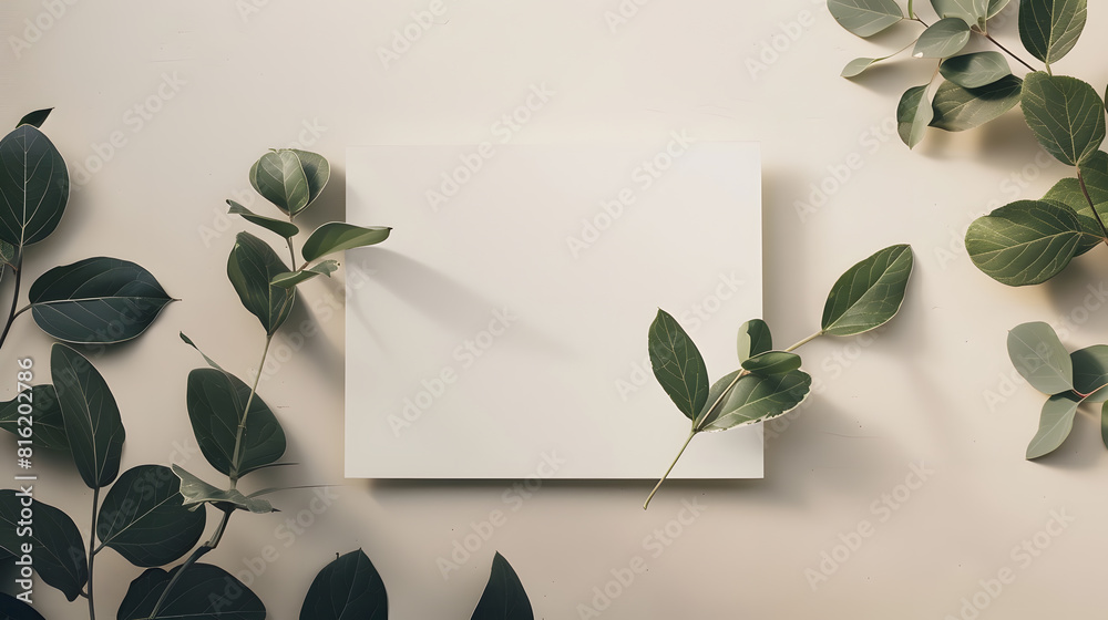 Poster white flat paper rectangle shape at center and fresh green leaves foliage isolated with empty space on beige background ecology concept or invitation greeting card romantic wedding min : Generative AI