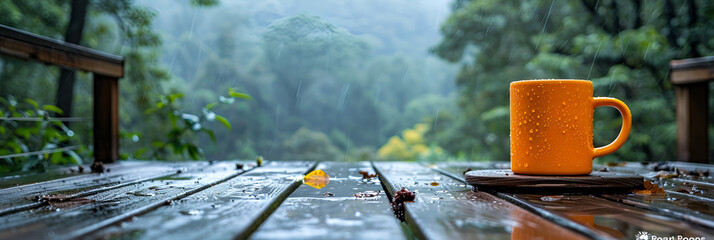 Orange Mug on a Rainy Wooden Deck in the Forest,
A cup of coffee with steam rising out of it
