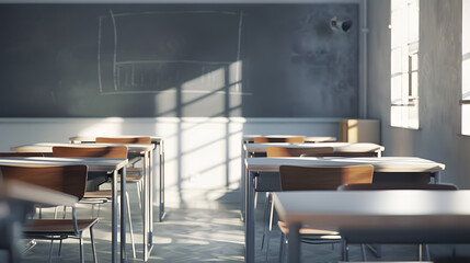 Empty modern classroom with chairs desks and chalkboard : Generative AI