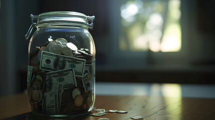 Big jar full of US notes and coins standing on empty worktable closeup : Generative AI