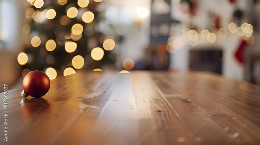 Poster Corner of table with empty space for your product Blurred home interior and christmas time Copy space : Generative AI