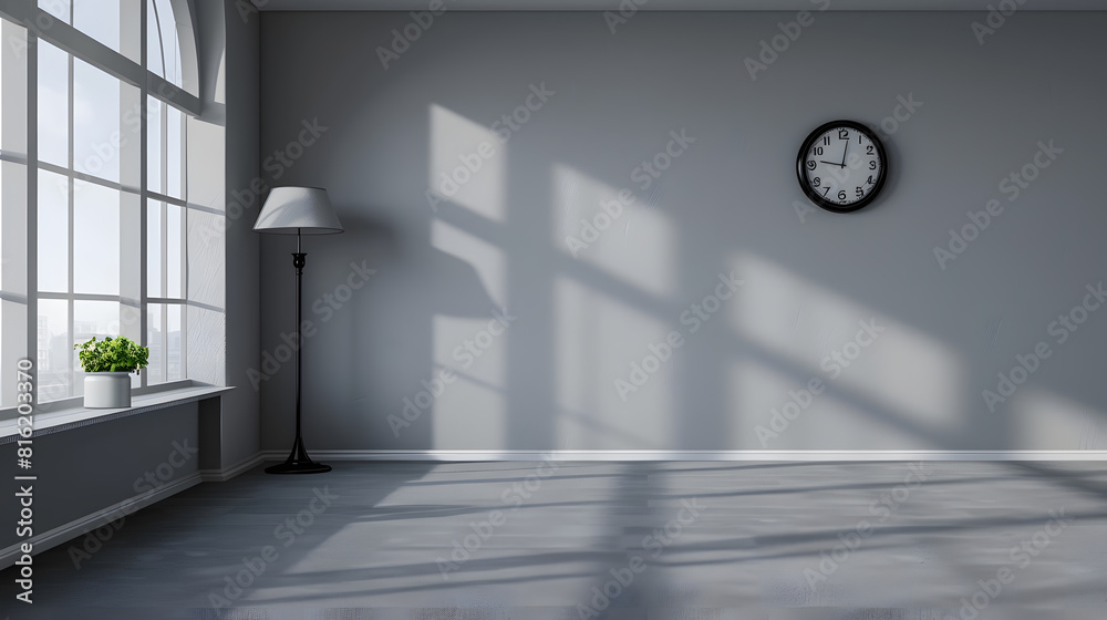Aufkleber Grey empty room with black clock lamp and niche carpet style office style : Generative AI