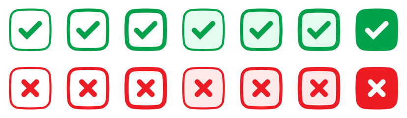 Right or wrong icons. Green tick and red cross checkmarks. Yes or no symbol, approved or rejected icon for user interface.