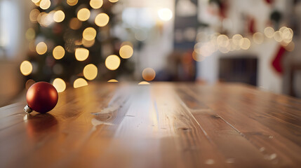 Corner of table with empty space for your product Blurred home interior and christmas time Copy...