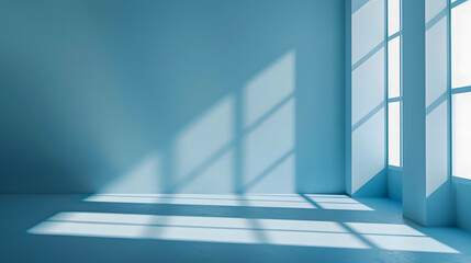 Minimalistic simple abstract light blue background for product presentation Shadow and light from windows on wall : Generative AI