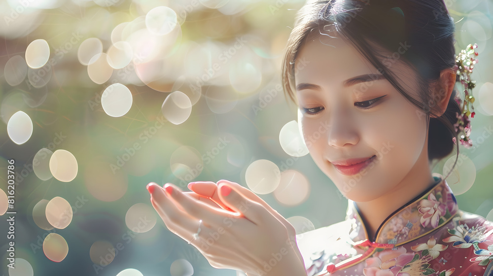 Poster asian pretty woman in cheongsam chinese style open the palm of the hand for want angpao or sharing w