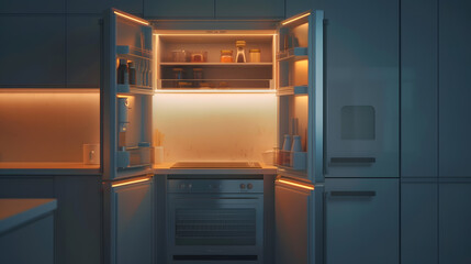 Fototapeta premium Front view of built in new fridge with open door empty shelf and light inside Modern kitchen with beige wooden cabinet furniture and stylish interior household appliances : Generative AI