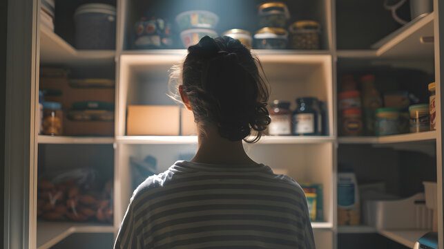 Food Insecurity Concept Closeup of a woman looking in an empty pantry Seen from behind there is only one box of food Horizontal format : Generative AI