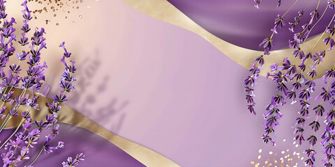 Abstract background of lavender and gold waves, adorned with lavender flowers