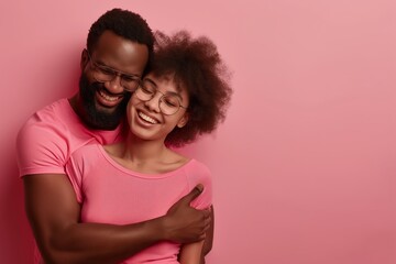 Fototapeta premium Couple hugging in matching pink outfits