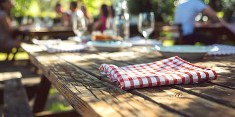 Rustic table with red and white checkered napkin, place to place product, garden or outdoor party