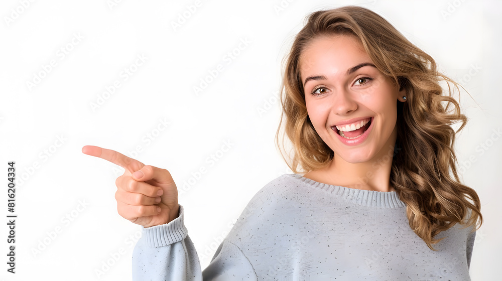Aufkleber cheerful woman looking and pointing finger on copyspace isolated on a white background : generative 