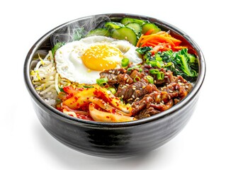 Bibimbap - Korean spicy rice noodles with beef and fried egg
