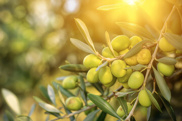 green olives on tree, In Spain, olives adorn an olive tree branch, capturing the essence of Mediterranean charm