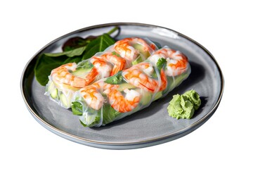 Fresh shrimp wrapped in spring rolls on a plate isolated on white background